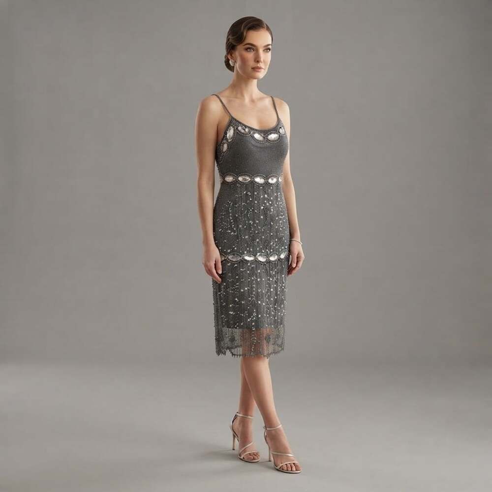 Papell Boutique Evening Dress Size 8 Grey Silk Beaded Cocktail Flapper